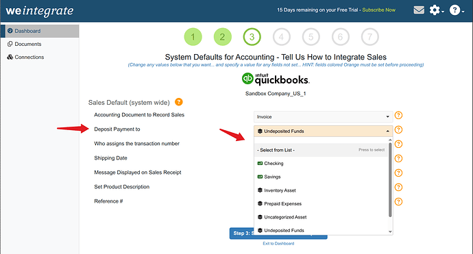 Sales Defaults - QBO Deposit Payment options